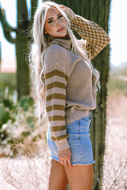 Smoke Gray Striped Plaid Patchwork Waffle Knit Turtleneck Sweater - Chic Meadow Boutique 