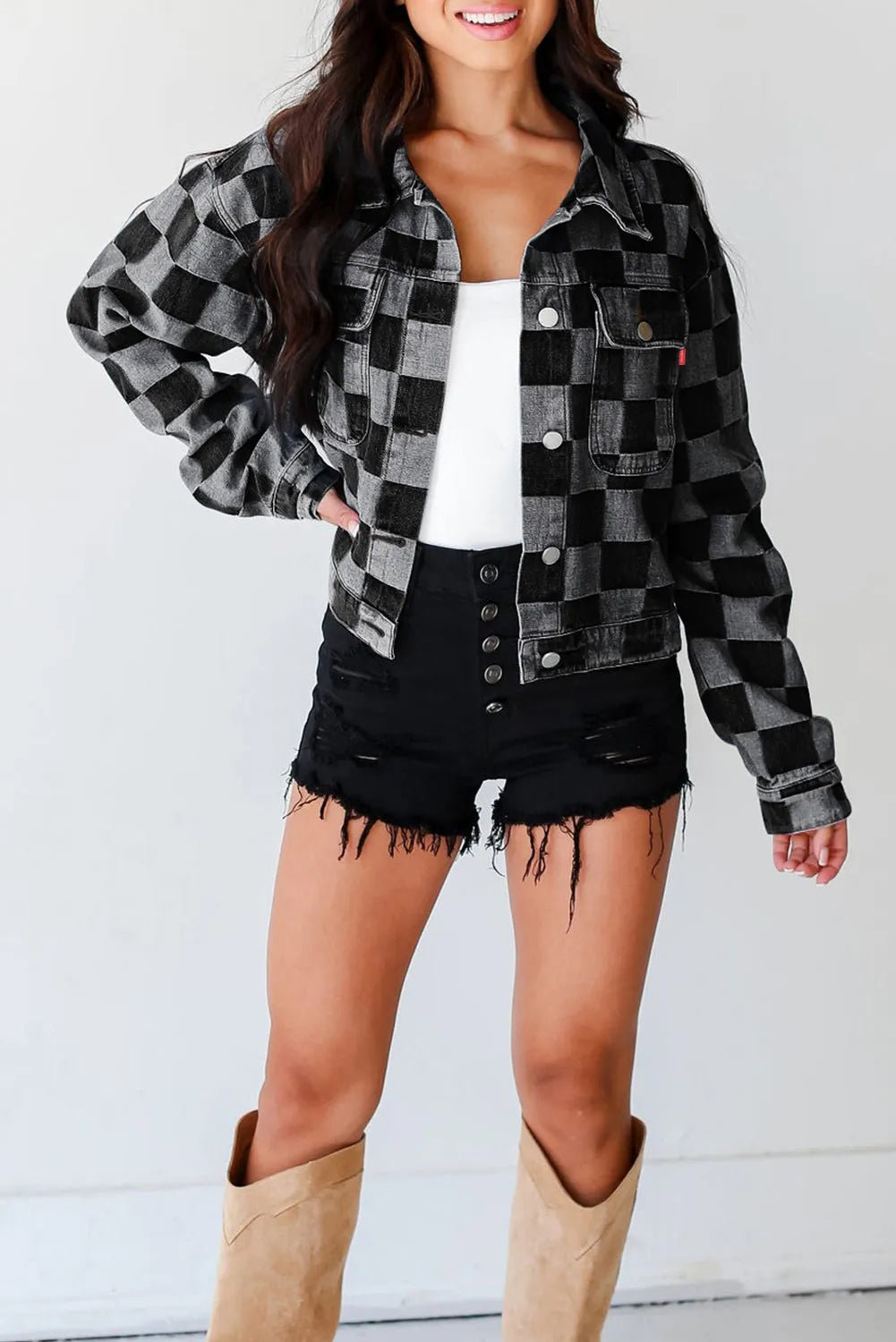 Black Checkered Patchwork Button up Denim Jacket - Chic Meadow Boutique 