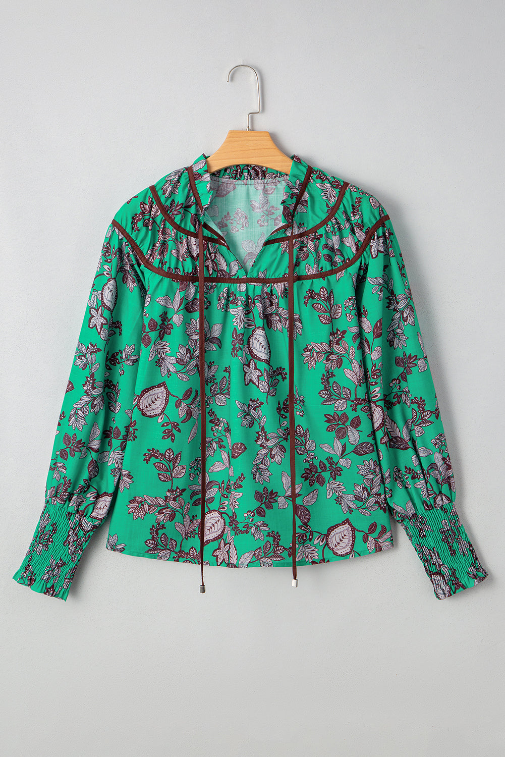Green Leaves Print Contrast Trim V Neck Shirred Puff Sleeve Blouse