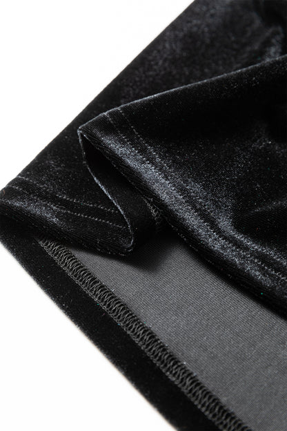 Black Frilled Collared Smocked Cuffs Puff Sleeve Velvet Blouse