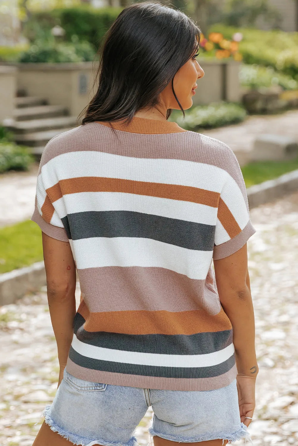 Camel Striped Knit Crew Neck T Shirt Sweater - Chic Meadow Boutique 