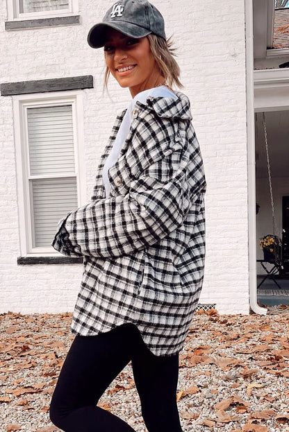 Black Plaid Print Chest Pockets Buttoned Tunic Shacket - Chic Meadow Boutique 