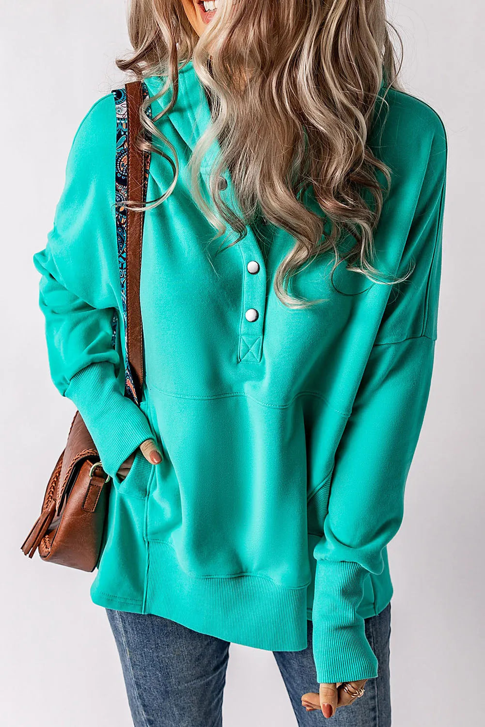 Turquoise Batwing Sleeve Pocketed Henley Hoodie - Chic Meadow Boutique 