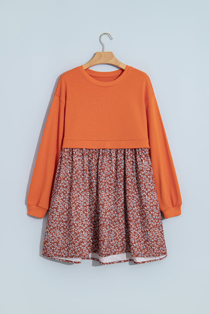 Orange Solid Long Sleeve Top Patchwork Floral Flared 2-in-1 Mini Dress