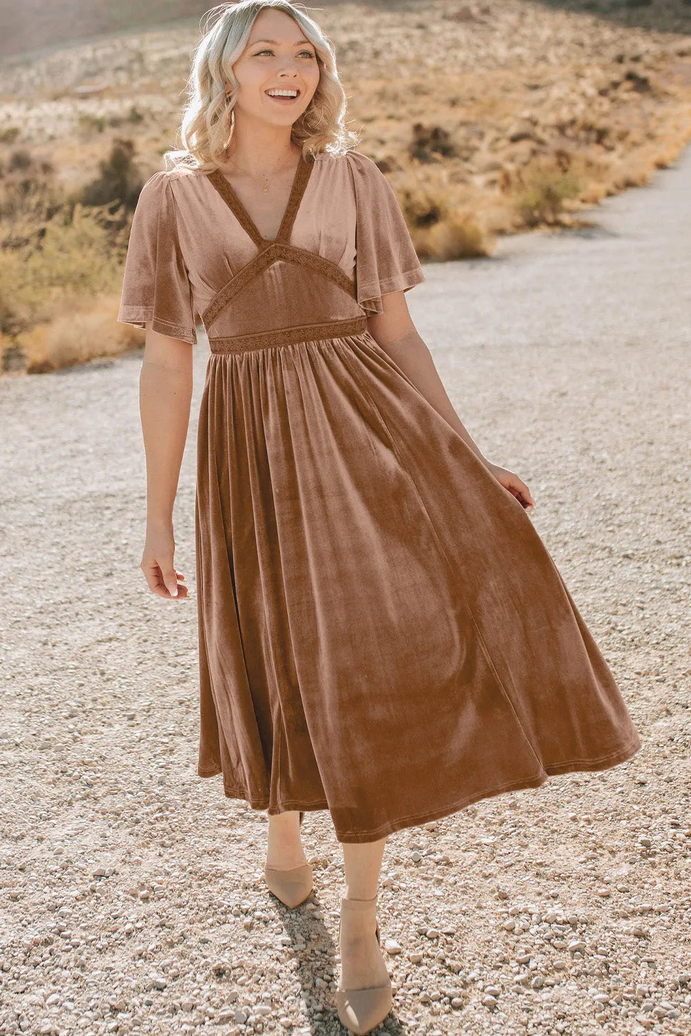 Chestnut Velvet Lacy V Neckline Short Sleeve Empire Waist Flowy Maxi Dress - Chic Meadow Boutique 