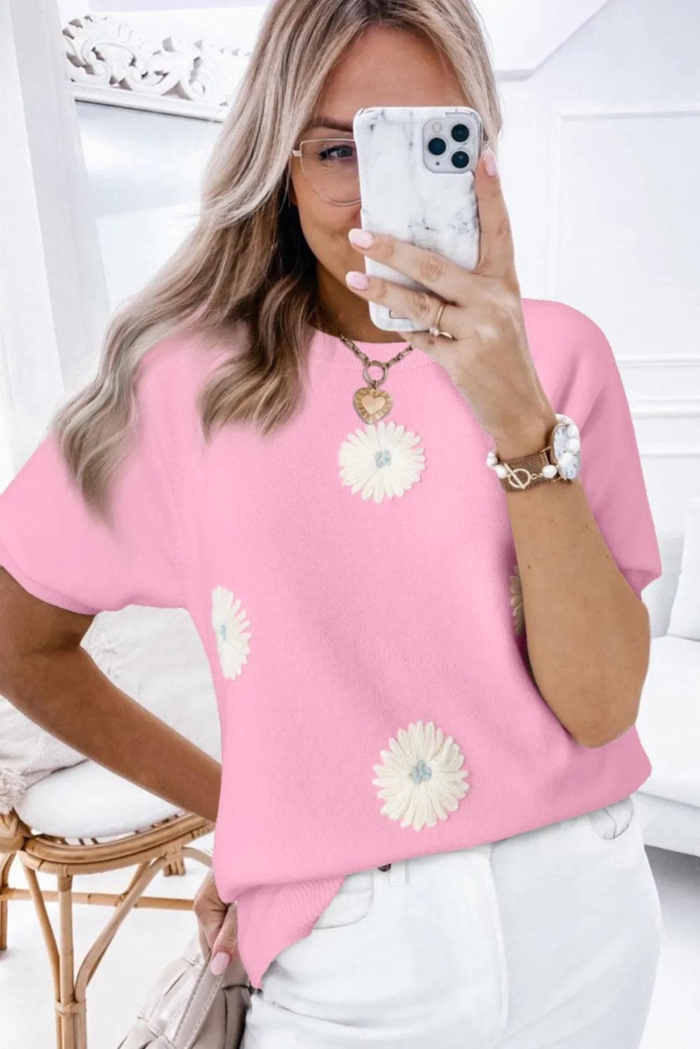 Sweaters & Cardigans/Short Sleeve Sweaters Pink Flower Pattern Short Sleeve Knitted Top