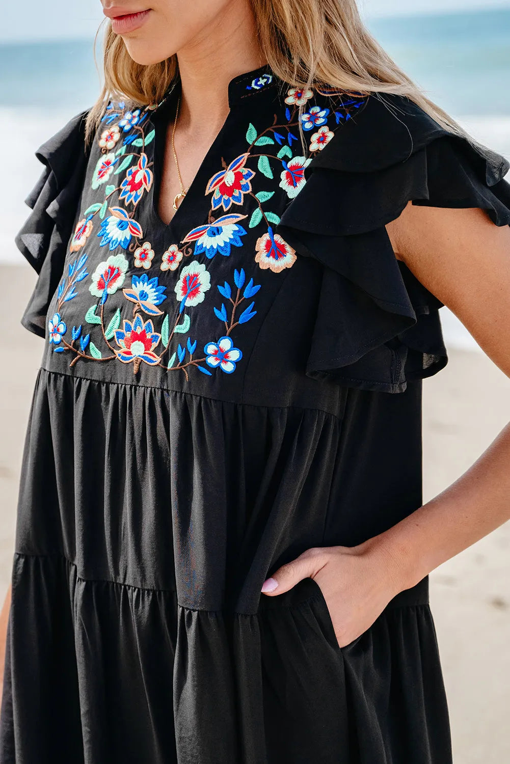 Black Floral Embroidered Tiered Ruffled Mini Dress - Chic Meadow Boutique 