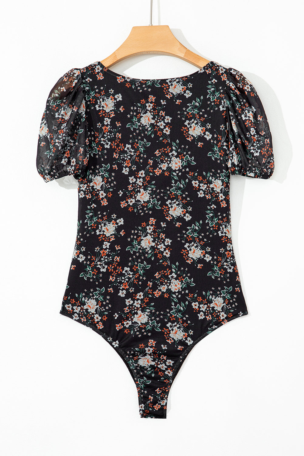 Black Floral Print U Neck Short Puff Sleeve Bodysuit