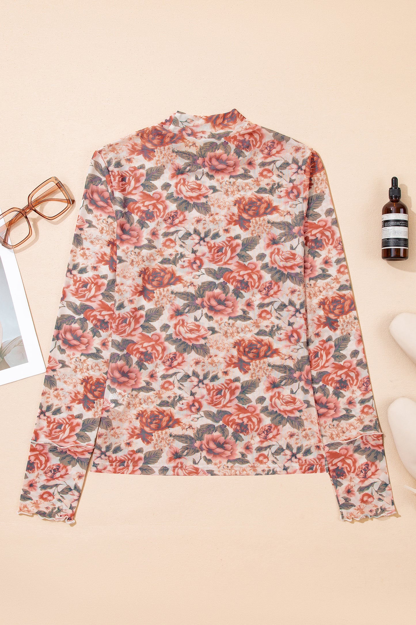 Black Retro Floral Print Mesh Long Sleeve Top