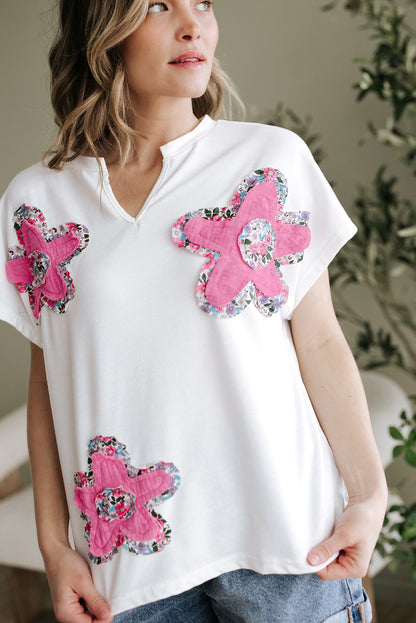 White Floral Applique Notched V Neck Dolman Sleeve Top