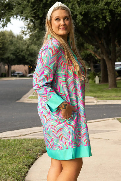 Green Plus Size Palm Pattern Long Sleeve Shift Dress - Chic Meadow Boutique 