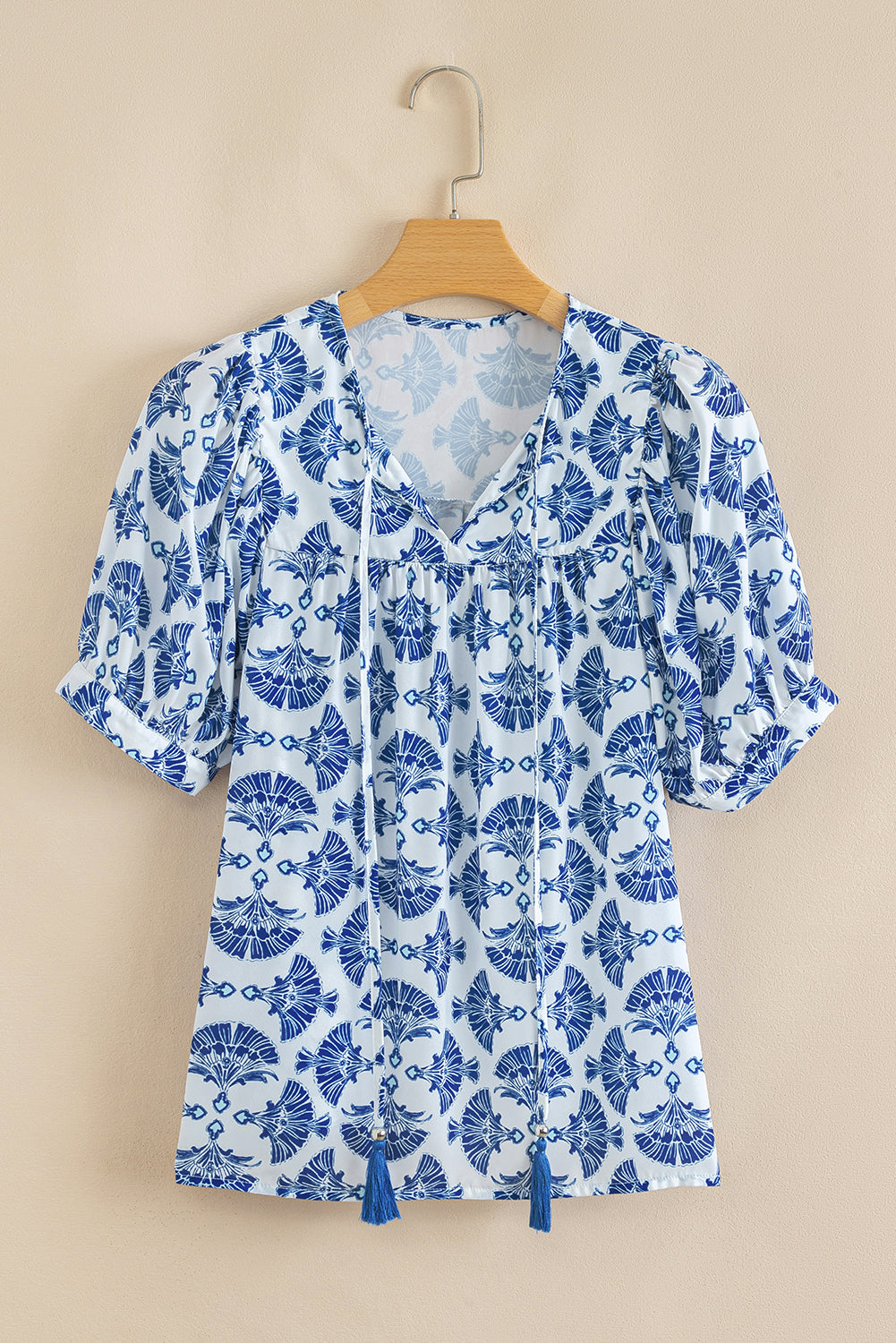 Sky Blue Geometric Print Tassel Drawstring V Neck Blouse