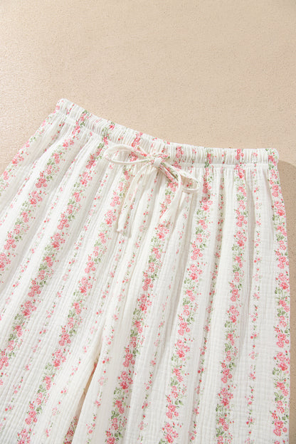 Pink Floral Print Long Sleeve Button Front Shirt Pajama Pant Set