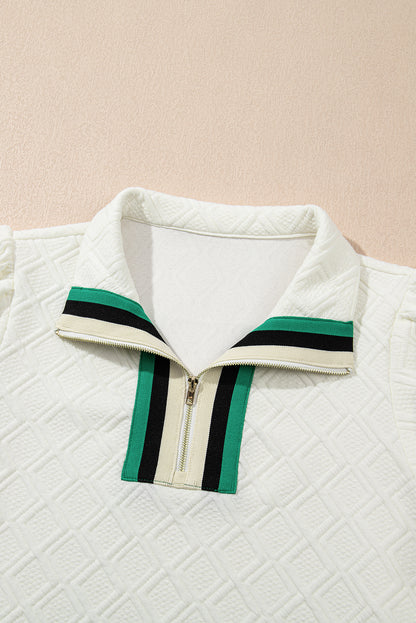 White Textured Jacquard Colorblock Edge Puff Sleeve Quarter Zip Mini Dress