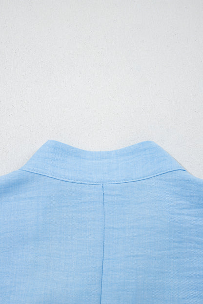 Beau Blue Crochet Lace Accent Pullover Rolled Short Sleeve Blouse