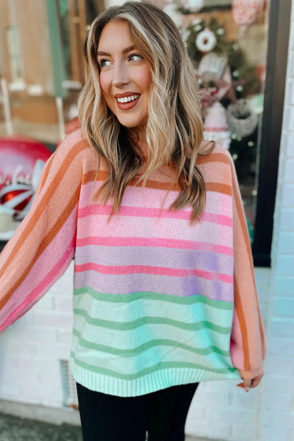 Multicolour Gradient Striped Ribbed Edge Loose Sweater - Chic Meadow Boutique 