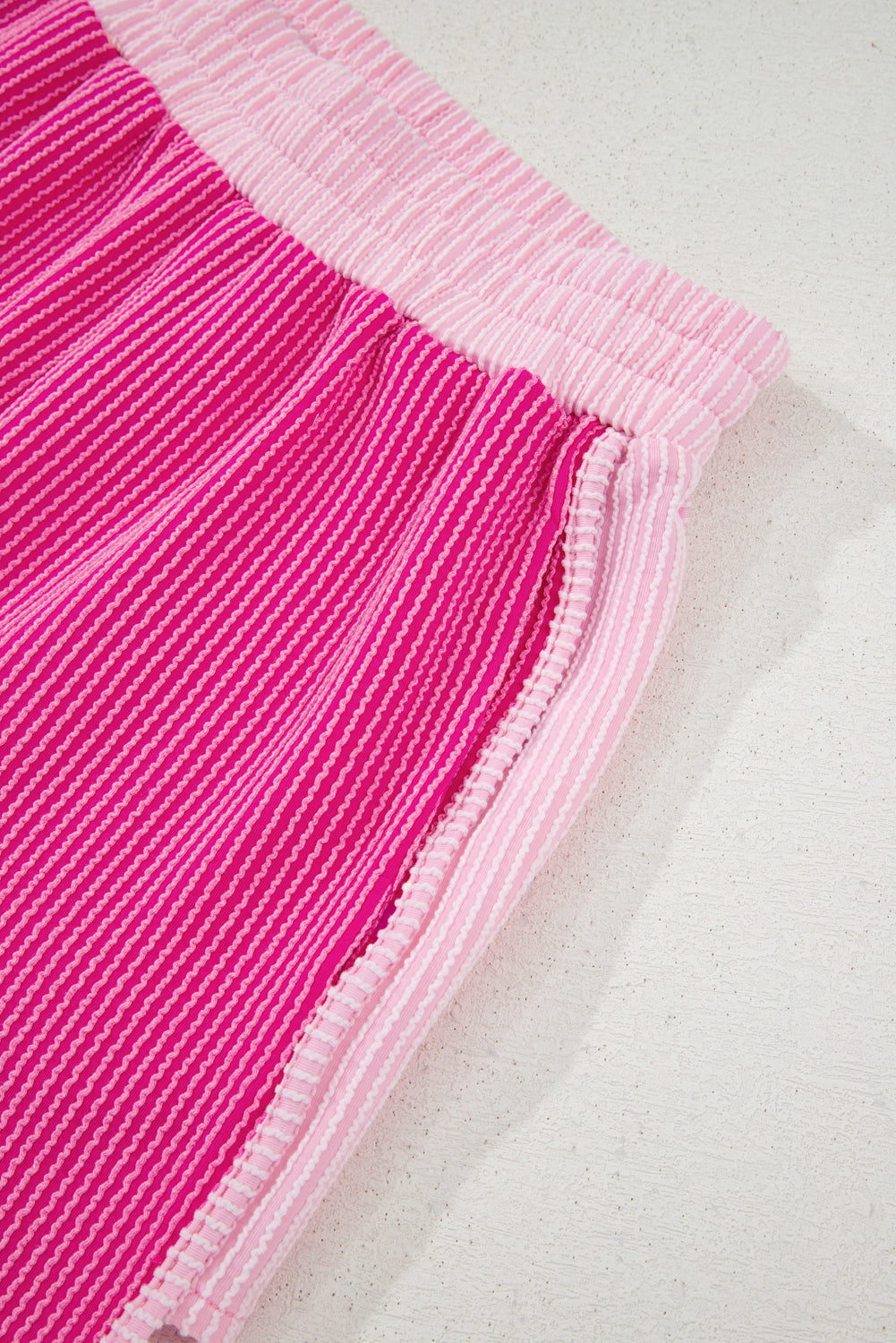 Rose Red 3D Spiral Ribbed Texture 2 Tones Patchwork Short Set