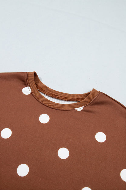 Brown Polka Dot Raw Hem Relaxed Pullover Loose Skort Two Piece Set
