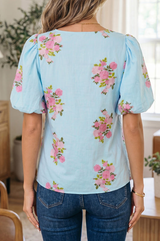Sky Blue Floral Printed Contrast Ricrac Detail Bubble Sleeve Blouse