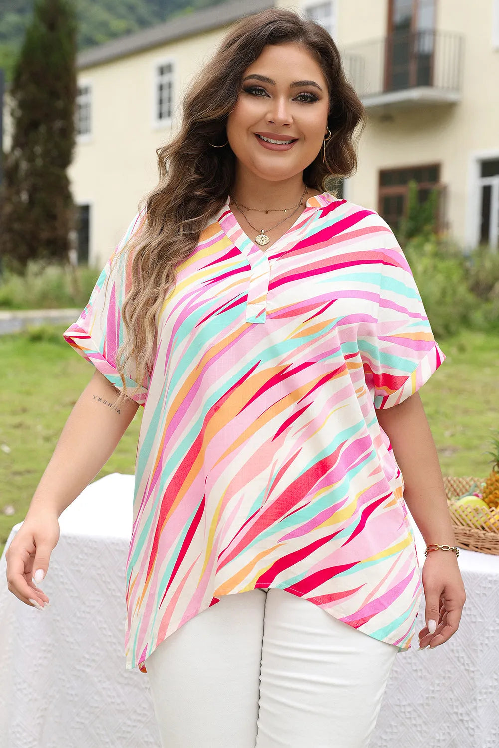 White Abstract Print Short Sleeve Notched Neck Plus Size Top - Chic Meadow Boutique 