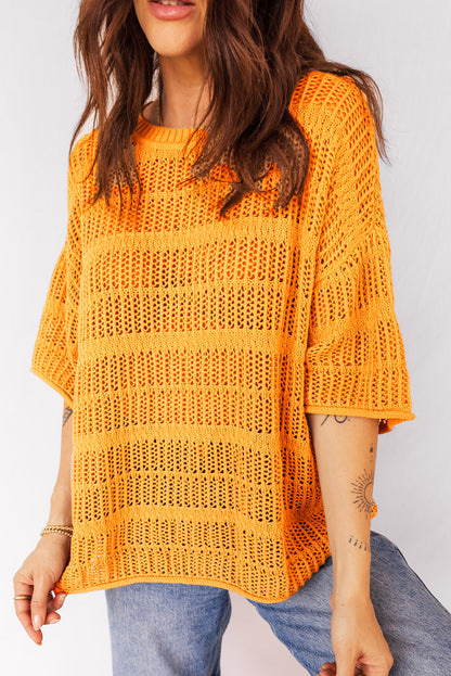 Mustard Hollow out Openwork Knit 3/4 Sleeve Sweater