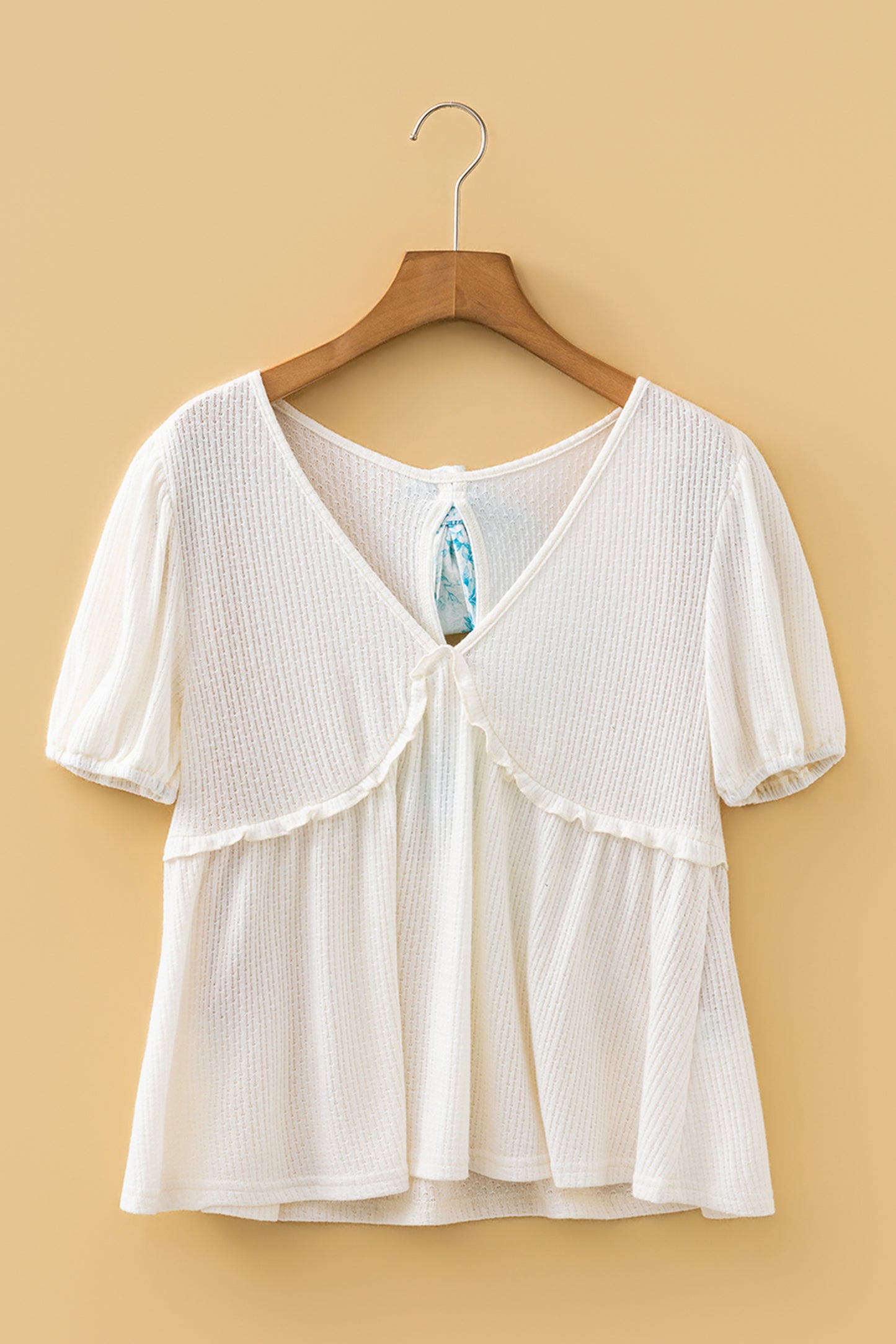 White Textured Knit V Neck Short Bubble Sleeve Peplum Top