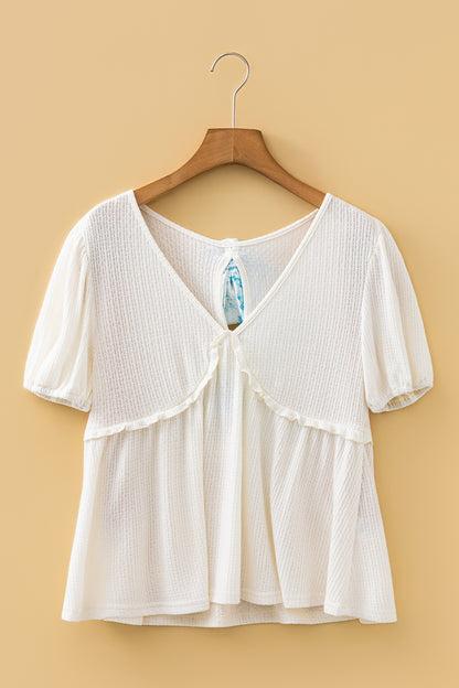White Textured Knit V Neck Short Bubble Sleeve Peplum Top