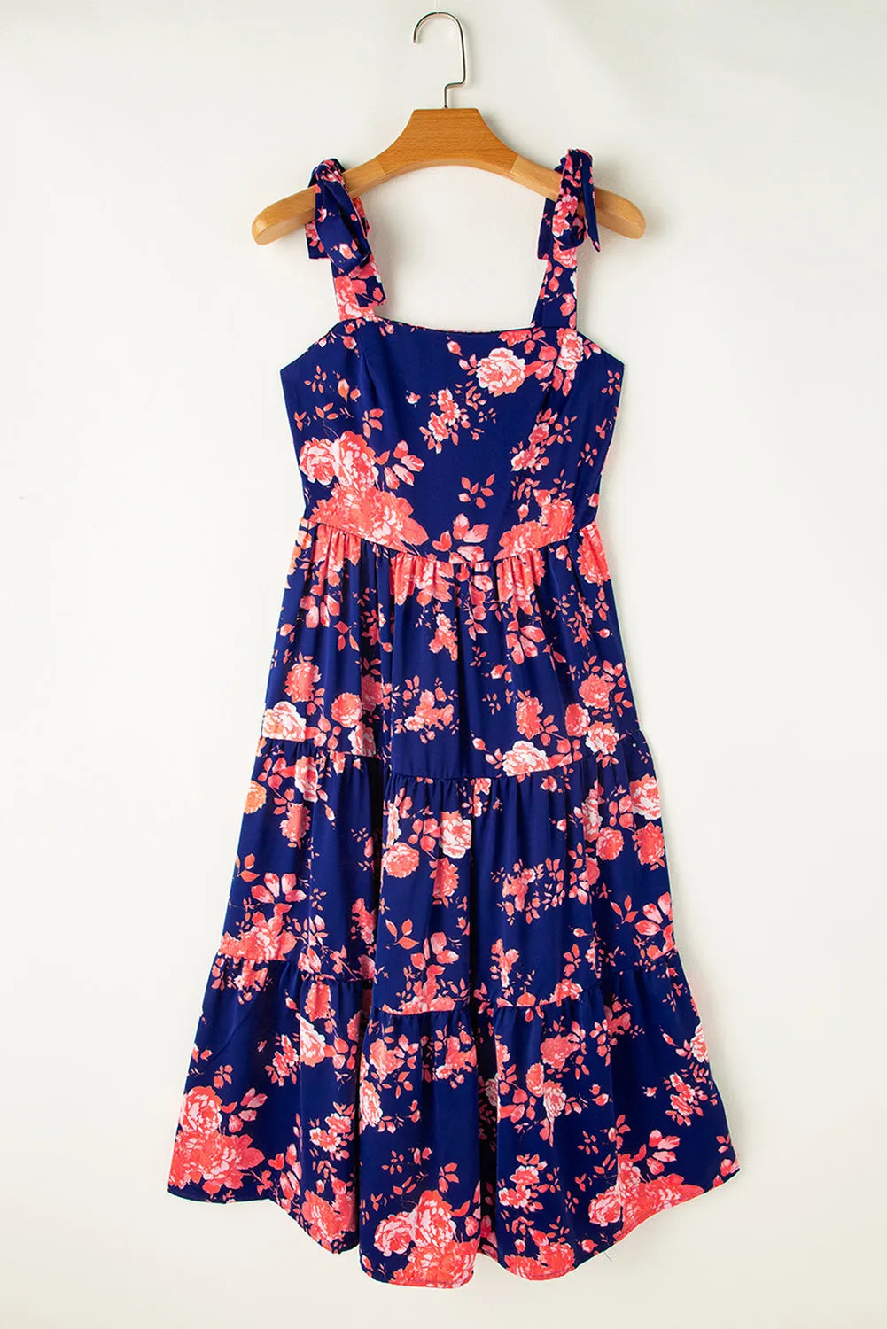 Blue Tie Shoulder Straps Tiered Floral Dress - Chic Meadow Boutique 