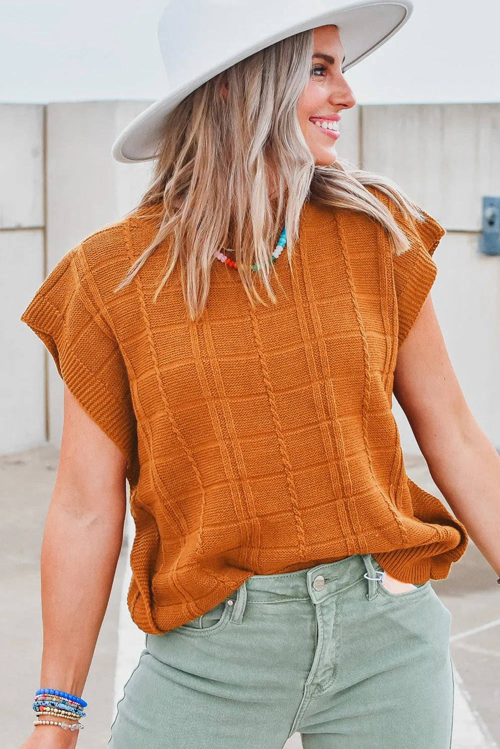 Chestnut Grid Textured Short Sleeve Sweater - Chic Meadow Boutique 