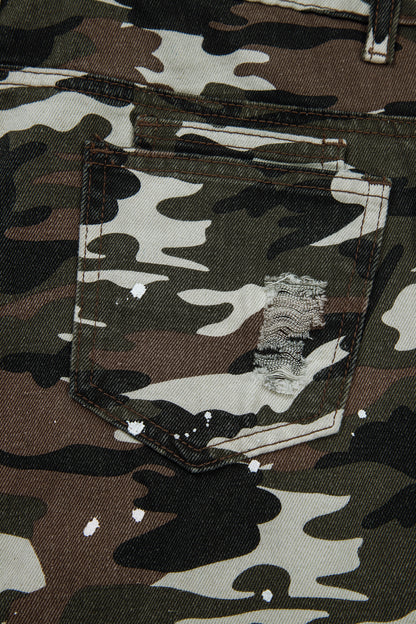 Green Camouflage Print Splashed Distressed Loose Denim Pants