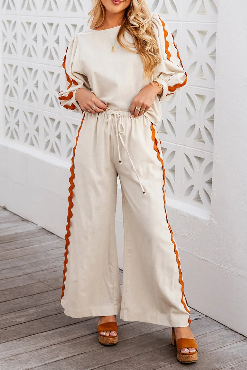 White Colorblock Ric Rac Trim Sleeve Top and Wide Leg Pants Set - Chic Meadow Boutique 