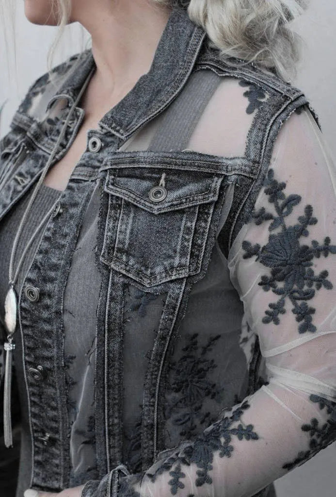 Denim Lace Jacket - Black - Chic Meadow Boutique 