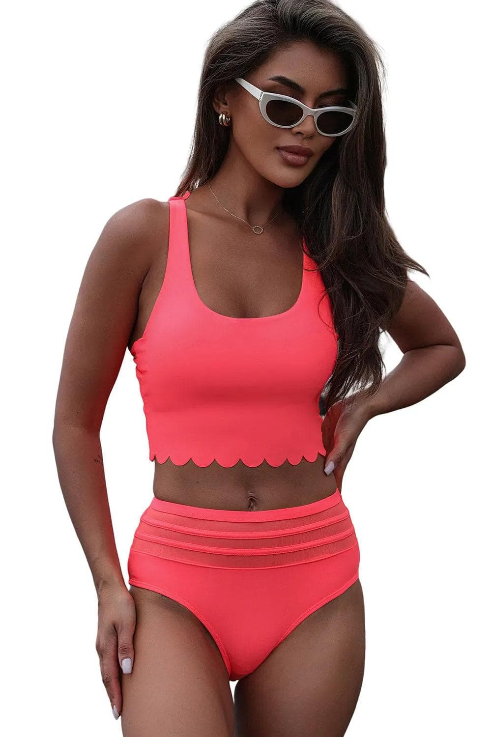 Swimwear/High Waisted Swimsuit Pink Scalloped Criss Cross High Waist Bikini