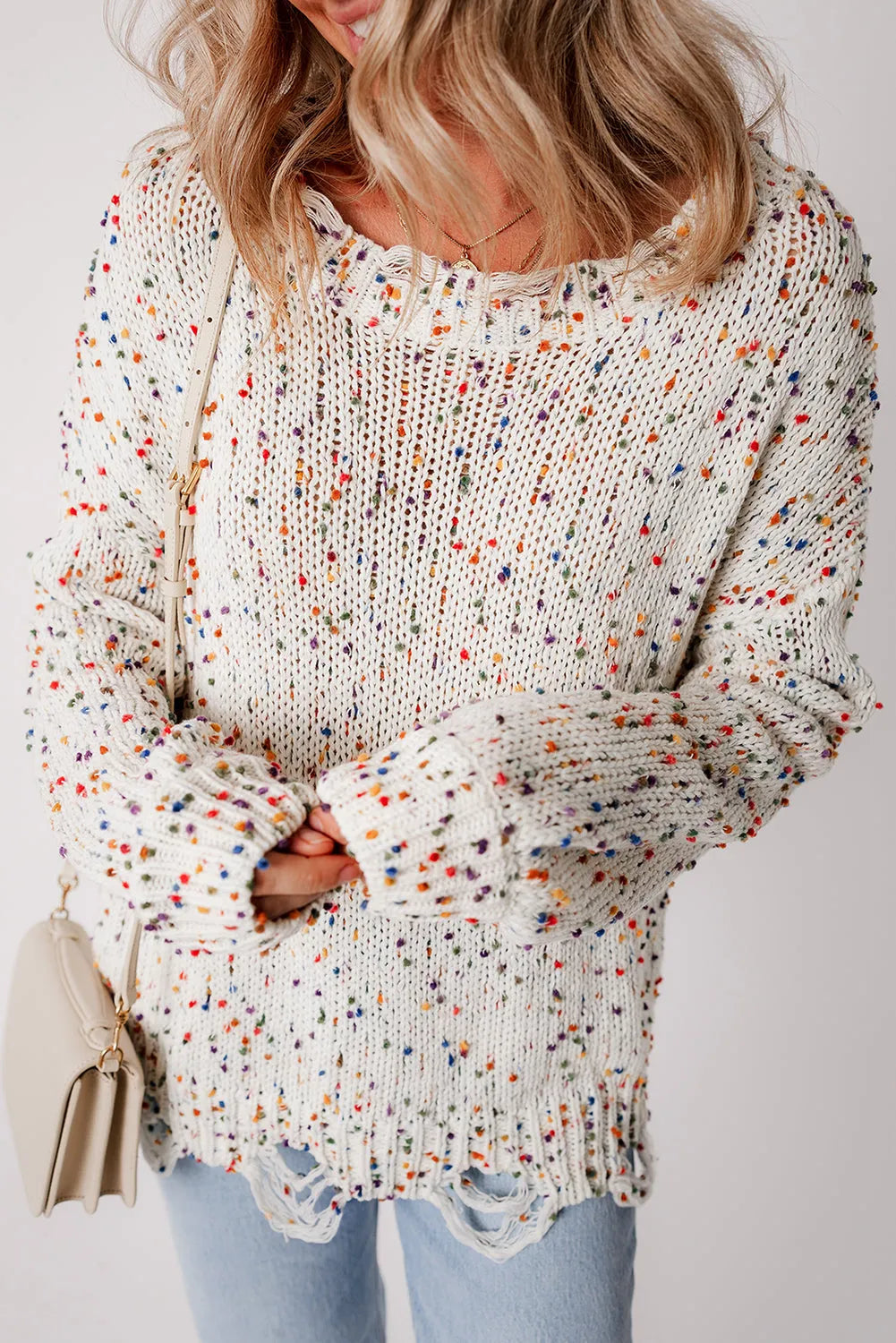 White Colorful Confetti Distressed Knit Sweater - Chic Meadow Boutique 