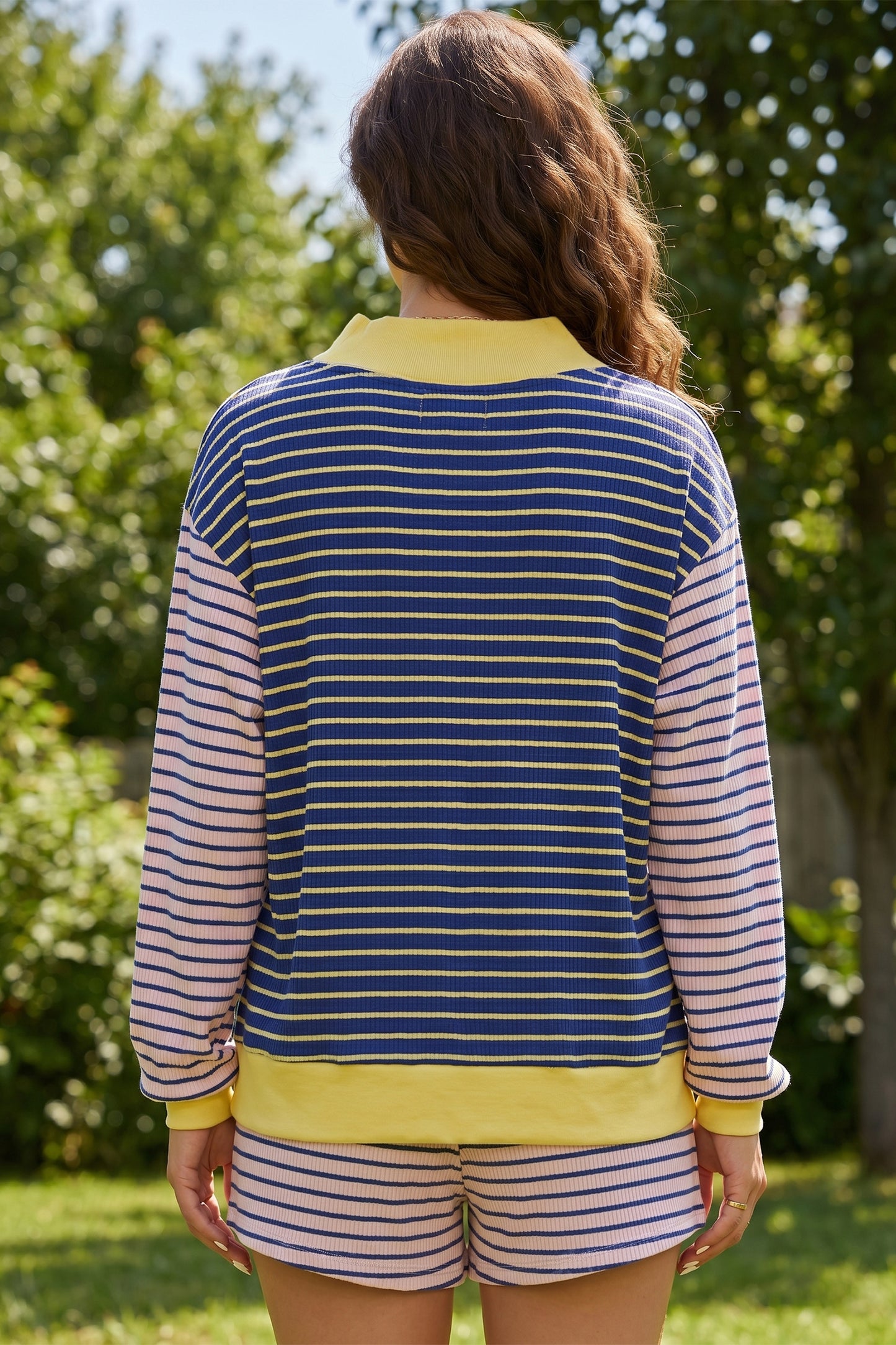 Blue Stripe Color Block Long Sleeve Pullover Ribbed Knit Casual Shorts Set