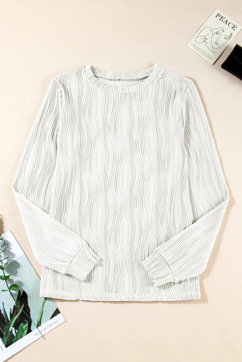 White Textured Wavy Round Neck Long Sleeve Top - Chic Meadow Boutique 