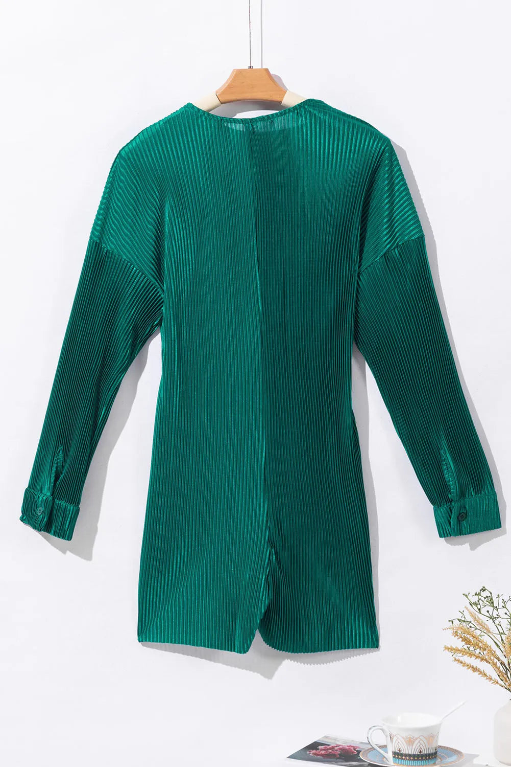 Sea Green Ribbed Long Sleeve Button Front Romper - Chic Meadow Boutique 