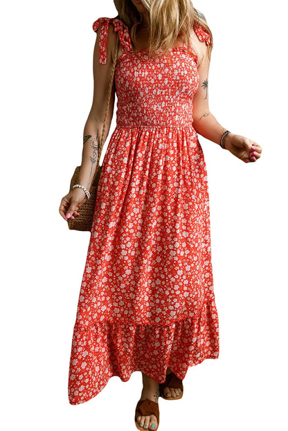 Red Boho Floral Self Tie Straps Smocked Bodice Long Dress - Chic Meadow Boutique 