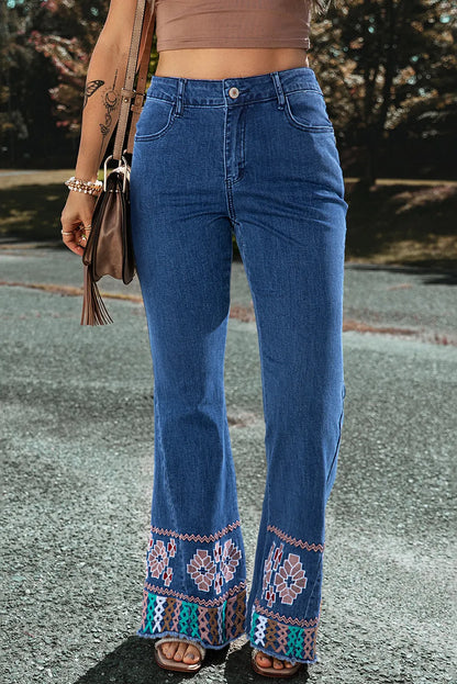 Ashleigh Blue Geometric Embroidered Raw Hem Flared Jeans - Chic Meadow Boutique 