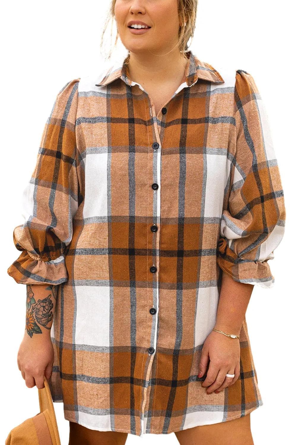 Plus Size/Plus Size Dresses/Plus Size Mini Dresses Khaki Plus Size Plaid Flounce Sleeve Button up Shirt Dress