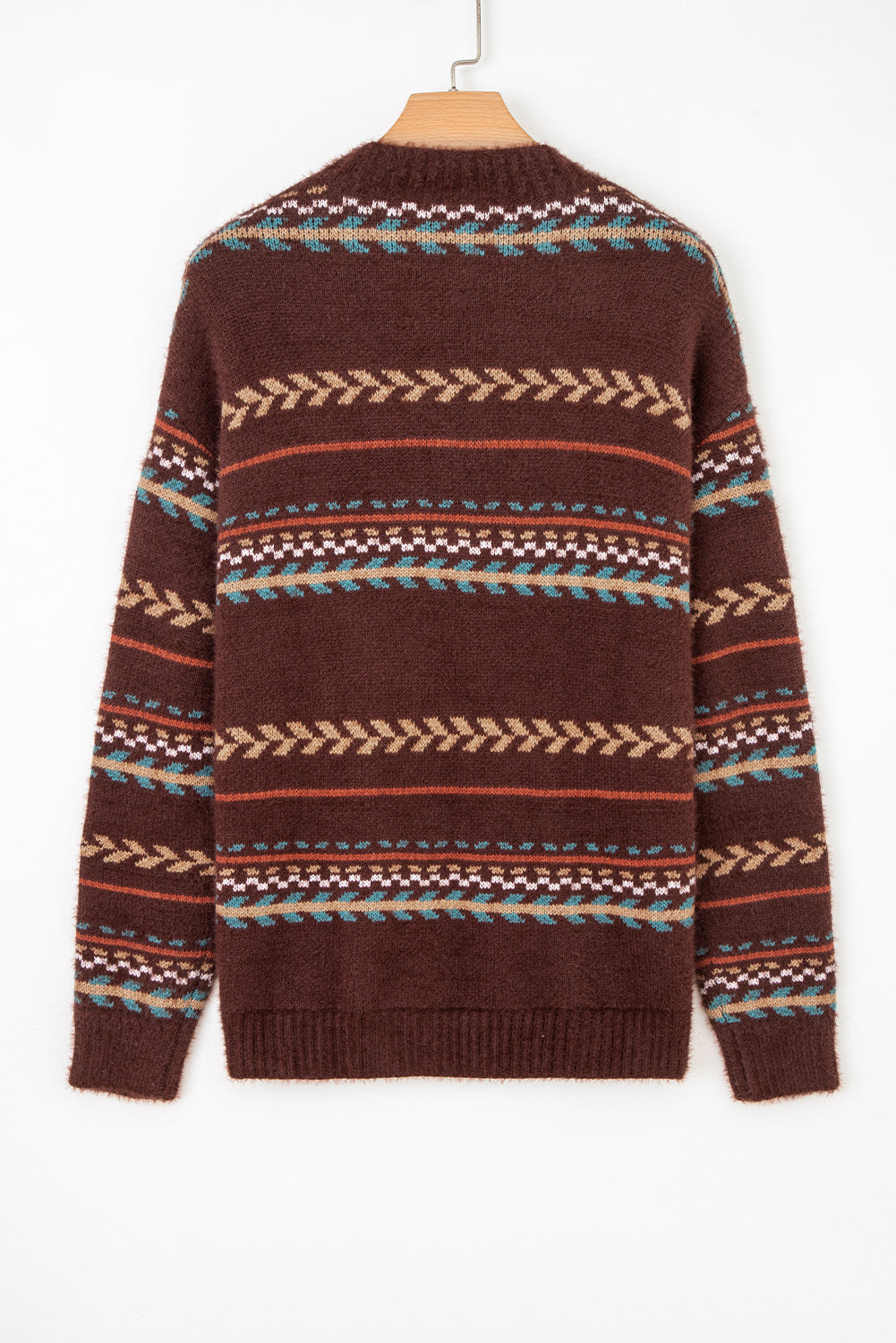 Brown Ethnic Pattern Mohair Knitted Drop Shoulder Sweater