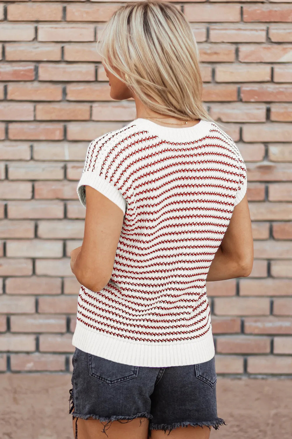 Red Stripe Ribbed Trim Loose Fit Knitted Sweater Vest - Chic Meadow Boutique 