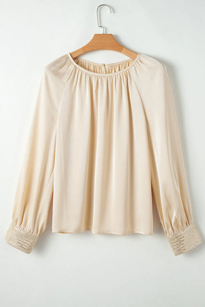 Apricot Sequin Cuffs Bubble Sleeve Blouse - Chic Meadow Boutique 