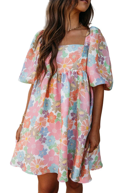 Pink Summer Floral Square Neck Puff Sleeve Babydoll Dress - Chic Meadow Boutique 