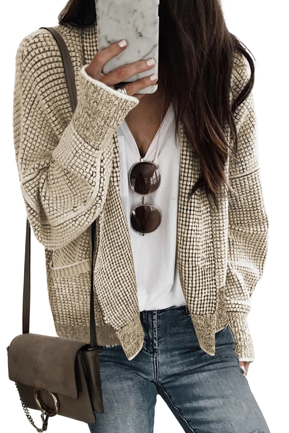 Apricot Chunky Waffle Knit Oversized Collar Cardigan - Chic Meadow Boutique 