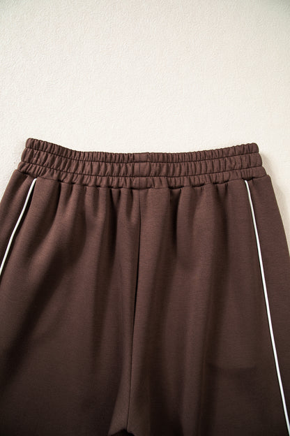 Coffee Sporty Piping Trim Mock Neck Pullover Relaxed 2pcs Pant Set