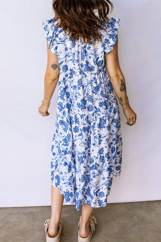 Blue Ruffled Short Sleeve Tiered Floral Midi Dress