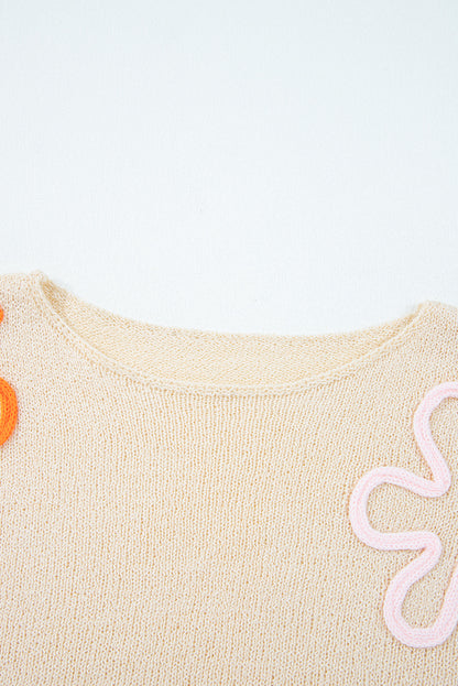 Jet Stream Contrast Flower Detail Colorblock Cuffed Loose Sweater