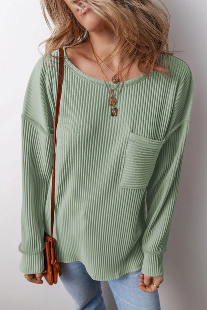 Clearly Aqua Solid Color Corded Drop Shoulder Long Sleeve Top - Chic Meadow Boutique 