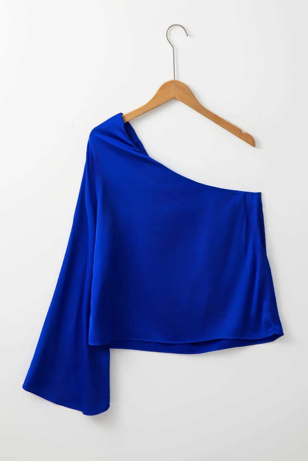 Dark Blue Asymmetric One Shoulder Bell Sleeve Satin Blouse - Chic Meadow Boutique 